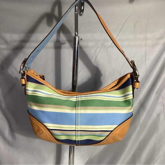 SOLD……COACH Blue Green Striped w/ Tan Leather Shoulder Bag L2J-9514 EUC - Picture 5 of 10